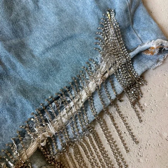 Forever 21 Distressed Rhinestone Fringe Jean Shorts 27 festival cowgirl rodeo - Picture 5 of 8